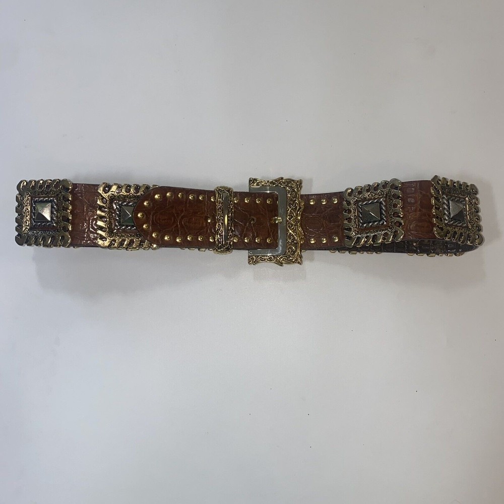 NANNI Italy Brown Leather Silver Gold Stud Belt Croc Boho Stud Size 85/34